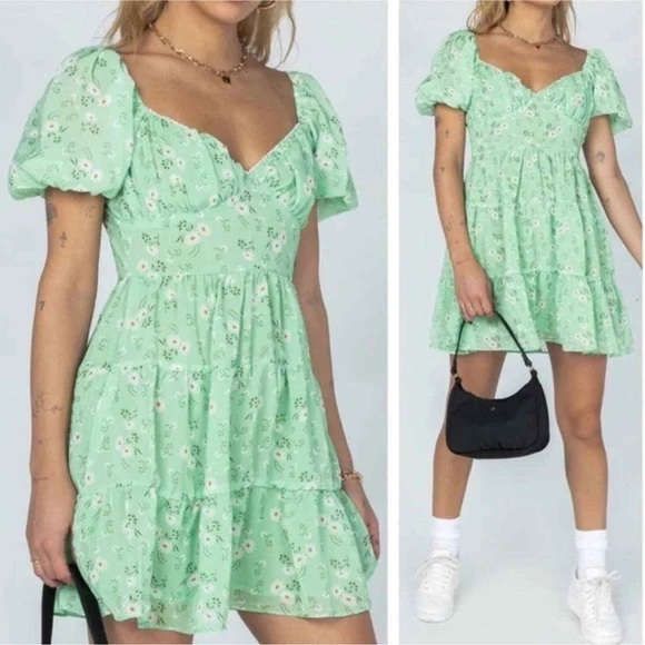 Princess Polly - Casual Light Green Puff Sleeve Summer Mini Dress with Daisies - Picture 1 of 7